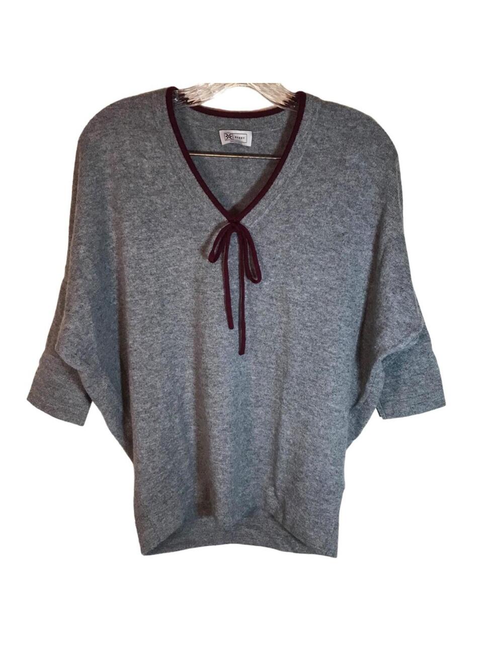 3very 100% cashmere sweater V neck 3/4 sleeve relaxed fit gray size S/M tie